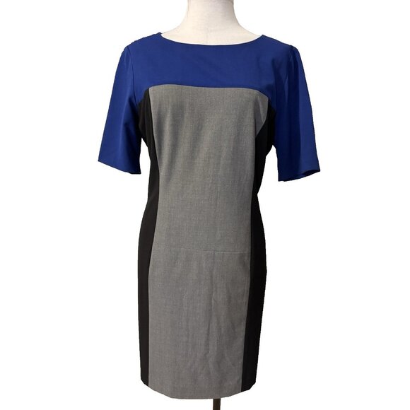 Tahari Dress 14 Black Blue Gray Colorblock Short Sleeve Sheath Career Church - Picture 2 of 11